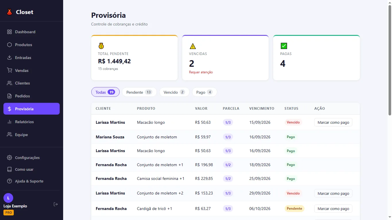 Tela de provisórias do Closet com total pendente, parcelas vencidas e pagas e a lista por cliente