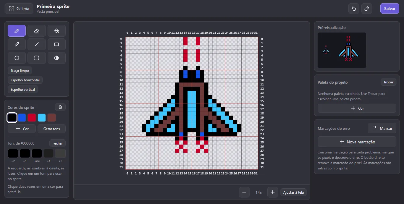 Editor de Sprites com uma nave em pixel art aberta na grade, ferramentas de desenho e pré-visualização